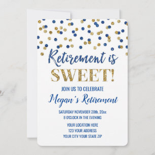 Blue Gold Glitter Confetti Retirement Party Invitation