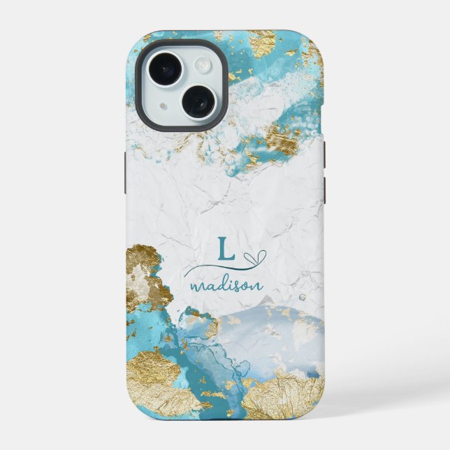 Blue Gold Glitter Custom Monogram Iphone Case (Back)