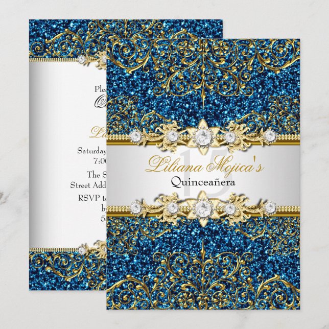 Blue Gold Glitter Damask Quinceanera Invite (Front/Back)