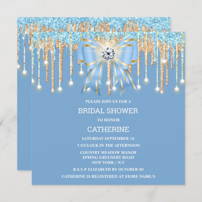 Blue gold glitter diamond bow shimmer lights  invitation (Front/Back)