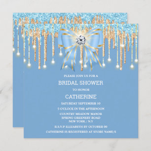 Blue gold glitter diamond bow shimmer lights invitation