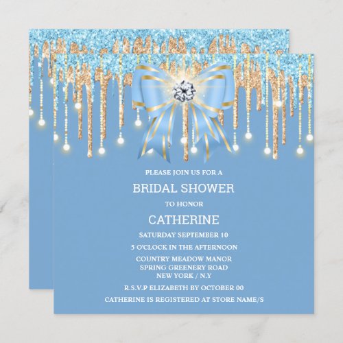 Blue gold glitter diamond bow shimmer lights  invitation