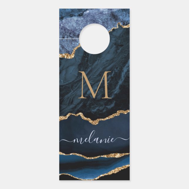 Blue Gold Glitter Door Hangers Custom Name Letter (Front)