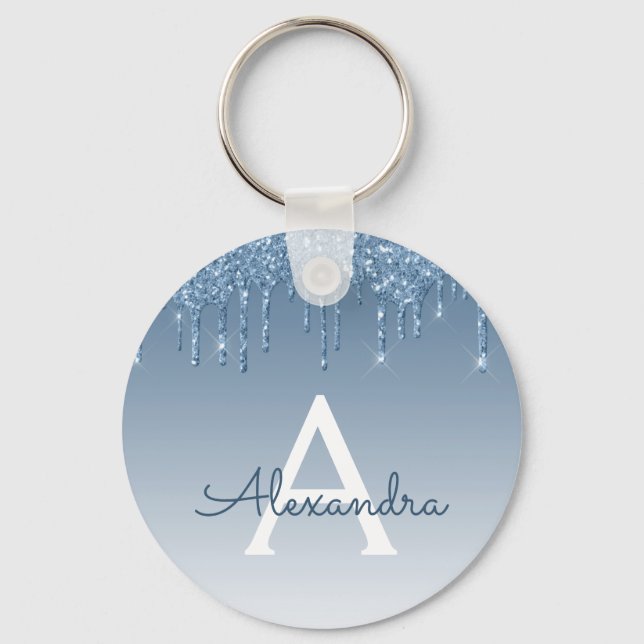 Blue Gold Glitter Drips Sparkle Monogram Keychain (Front)