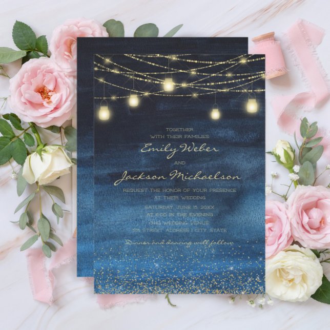 Blue Gold Glitter Fairy Lights Wedding  Invitation (Navy blue and gold string lights wedding invitation)