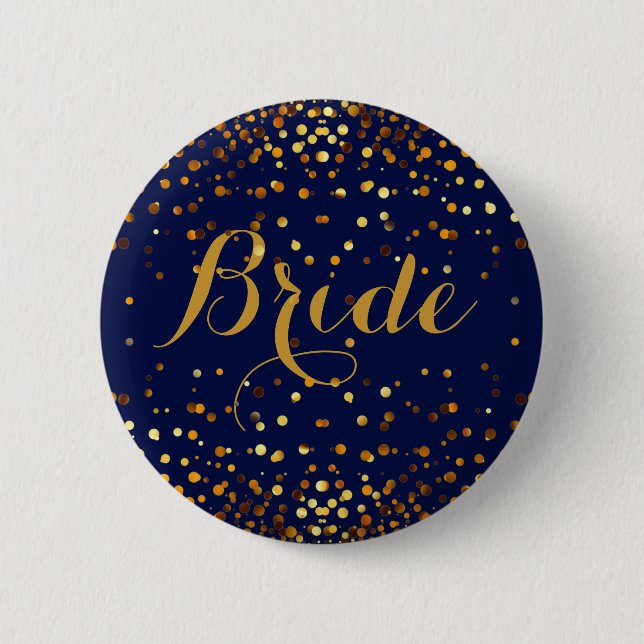 Blue Gold Glitter Faux Foil Confetti Dot Bride Button (Front)