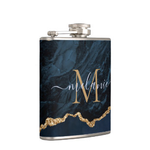 Blue Gold Glitter Flask Personalized Name Letter