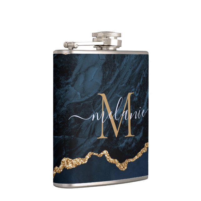 Blue Gold Glitter Flask Personalized Name Letter (Right)
