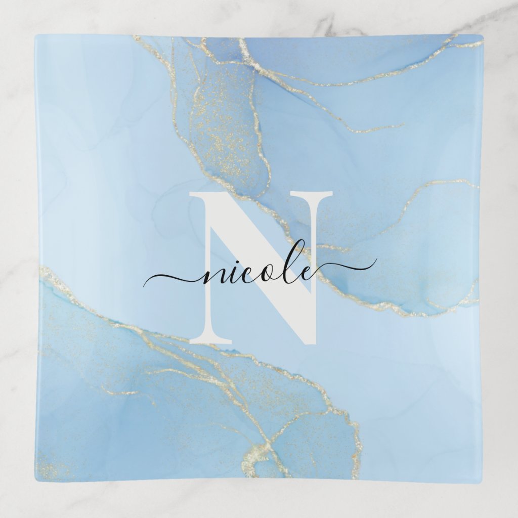 Blue Gold Glitter Fluid Marble Name Monogram Trinket Tray