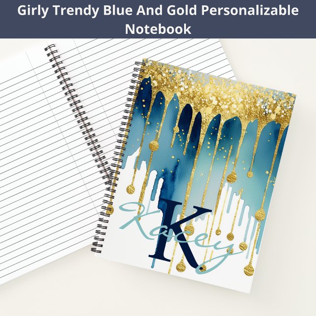 Blue Gold Glitter Girly Monogram Name Notebook (Creator Uploaded)