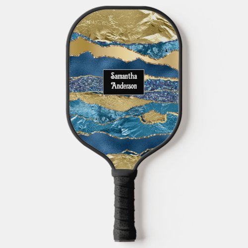  Blue gold glitter glam name classy chic Pickleball Paddle