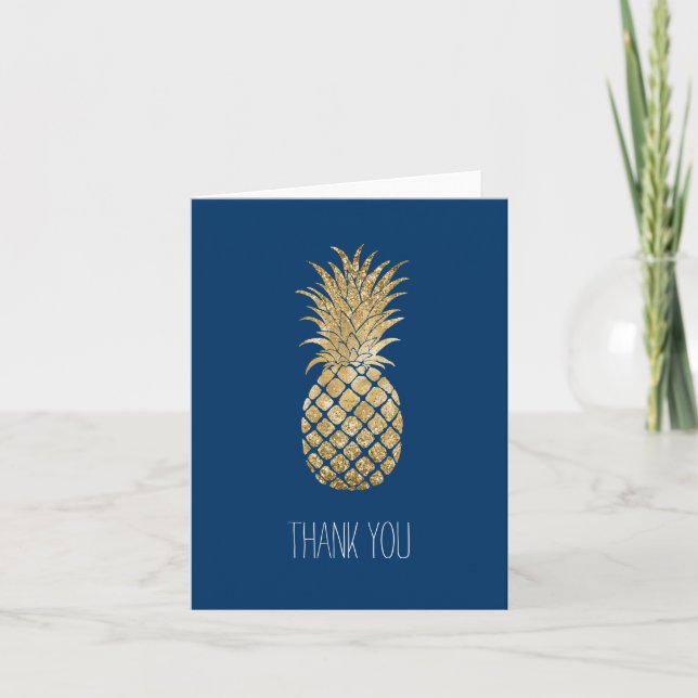 Blue Gold Glitter Glitzy Pineapple Thank You  Card (Front)