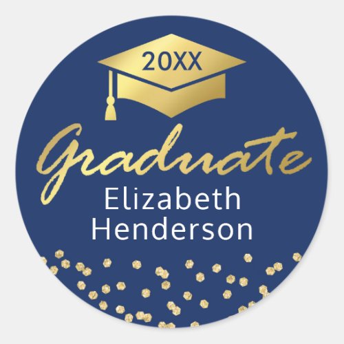 Blue Gold Glitter Graduate Graduation Classic Round Sticker