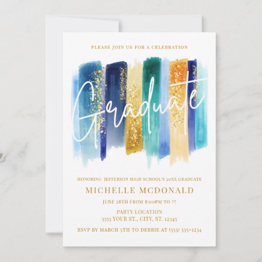 Blue & Gold Glitter Graduation Party Invitation | Zazzle