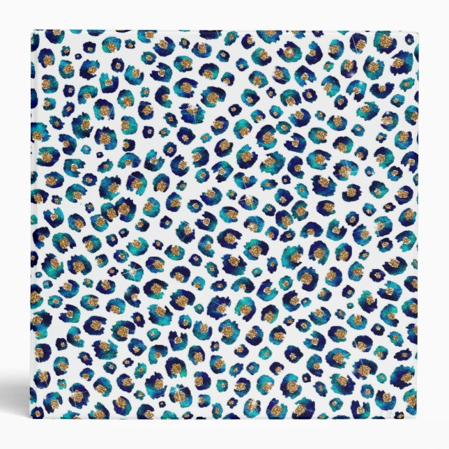 Blue Gold Glitter Leopard Pattern 3 Ring Binder (Front)