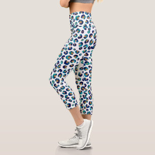 Blue Gold Glitter Leopard Pattern Capri Leggings