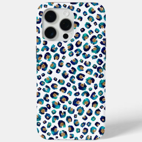 Blue Gold Glitter Leopard Pattern iPhone 15 Pro Max Case