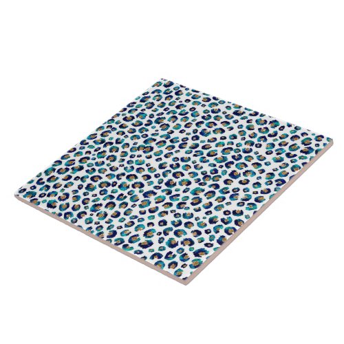 Blue Gold Glitter Leopard Pattern Ceramic Tile