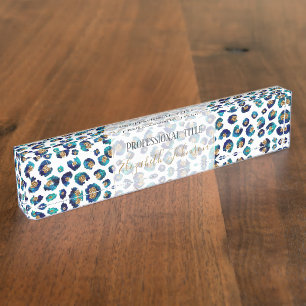 Blue Gold Glitter Leopard Pattern Desk Name Plate
