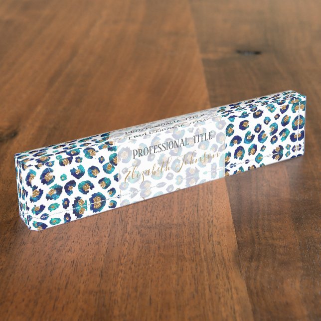 Blue Gold Glitter Leopard Pattern Desk Name Plate (Side)