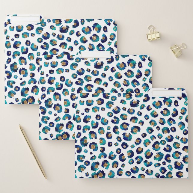 Blue Gold Glitter Leopard Pattern File Folder (Set)