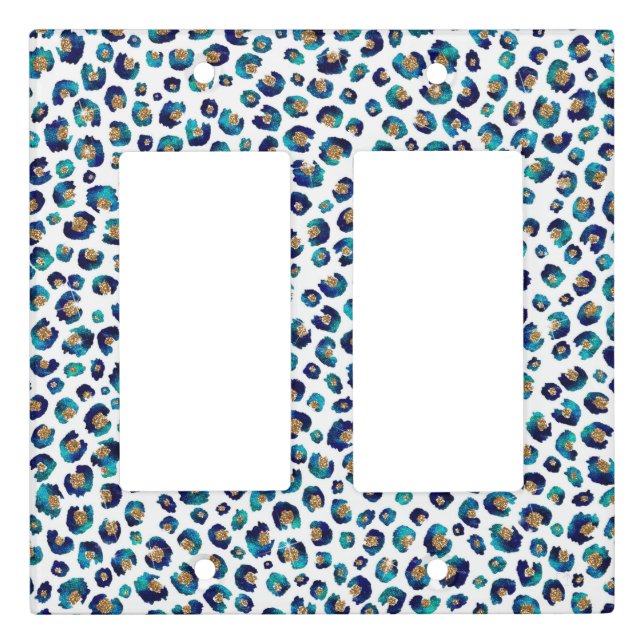 Blue Gold Glitter Leopard Pattern Light Switch Cover (Front)