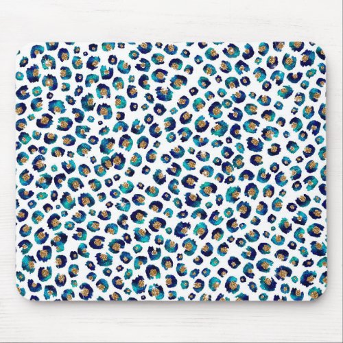 Blue Gold Glitter Leopard Pattern Mouse Pad