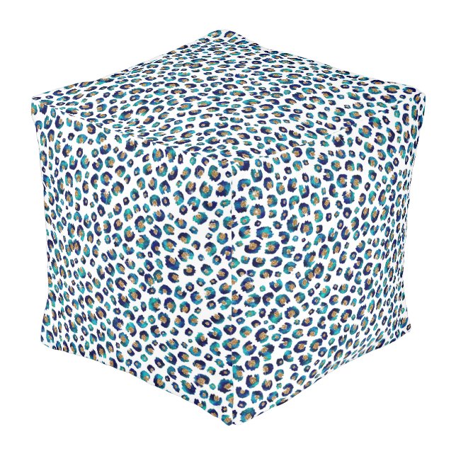 Blue Gold Glitter Leopard Pattern Pouf (Angled Front)