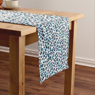 Blue Gold Glitter Leopard Pattern Short Table Runner