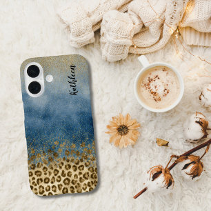 Blue Gold Glitter Leopard Print Monogram Name iPhone 16 Case