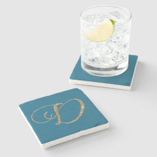 Blue Gold Glitter Letter D Stone Coaster