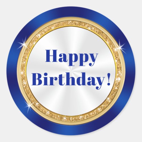 Blue Gold Glitter Look Happy Birthday Stickers