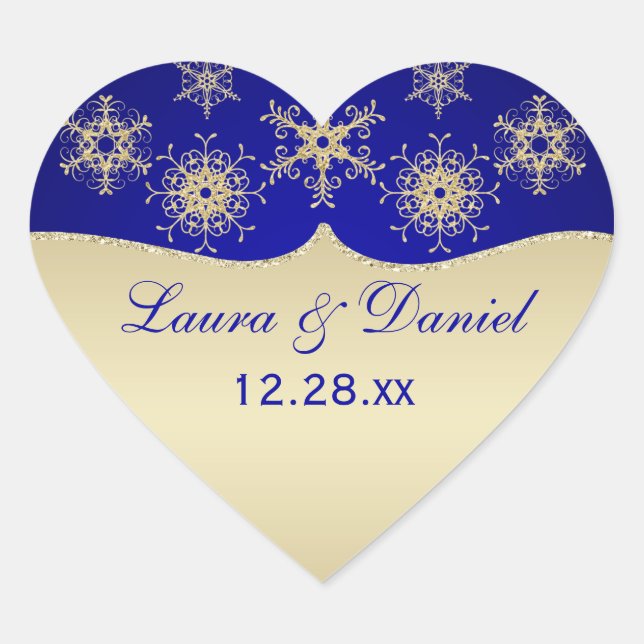 Blue, Gold Glitter LOOK Snowflake Wedding Sticker (Front)