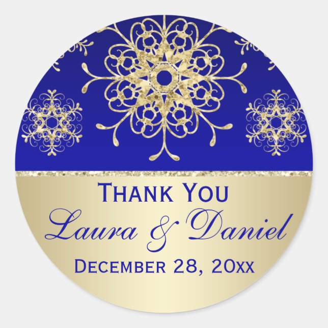 Blue, Gold Glitter LOOK Snowflake Wedding Sticker (Front)