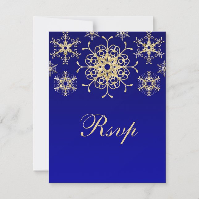 Blue, Gold Glitter LOOK Snowflakes RSVP Card (Front)