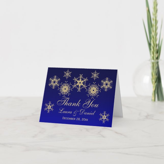 Blue, Gold Glitter LOOK Snowflakes Thank You Card (Front)