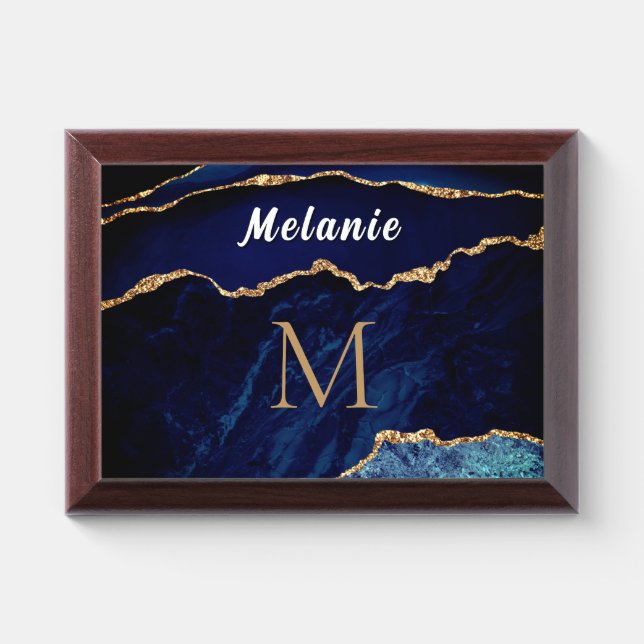 Blue Gold Glitter Marble Award Plaque Custom Name (Horizontal)