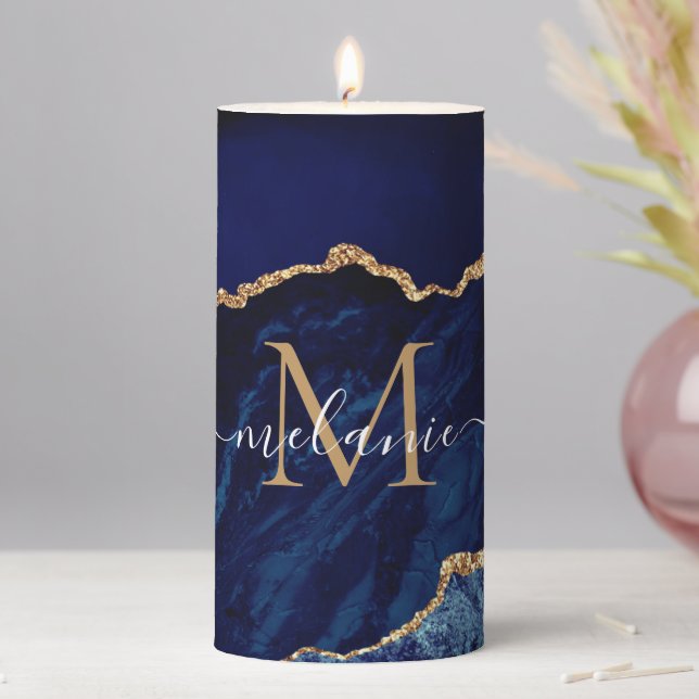 Blue Gold Glitter Marble Custom Name Letter Candle (In Situ)