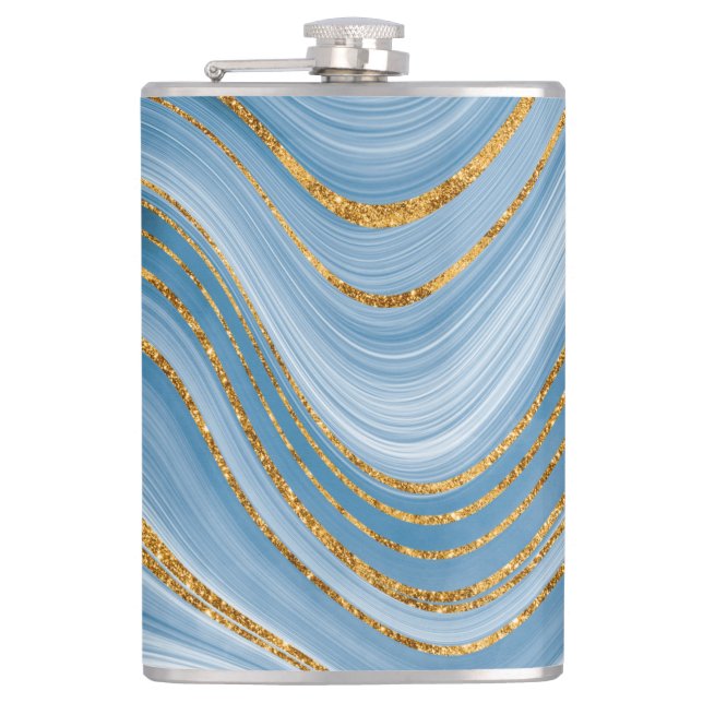 Blue Gold Glitter Marble Elegant Abstract  Flask (Front)