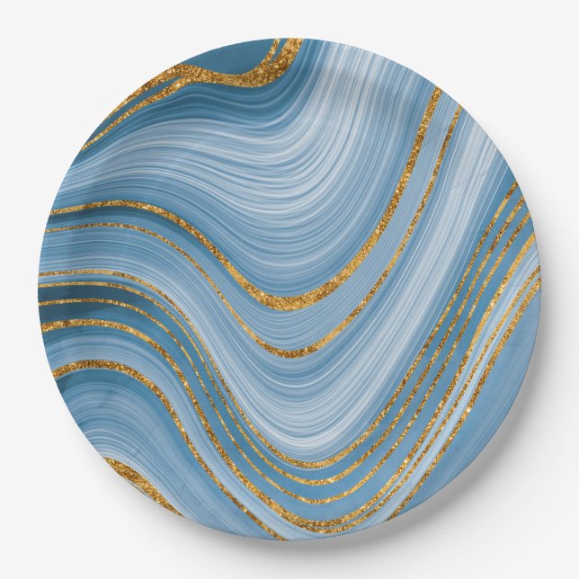 Blue Gold Glitter Marble Elegant Abstract  Paper Plates (Front)