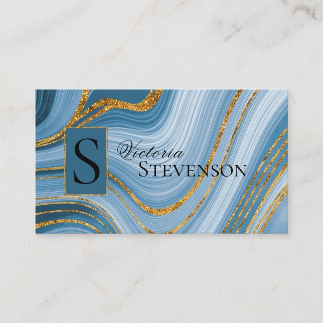 Blue Gold Glitter Marble Monogram Elegant Abstract Business Card (Front)
