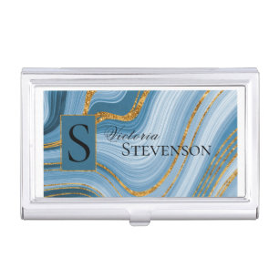 Blue Gold Glitter Marble Monogram Elegant Abstract Business Card Case