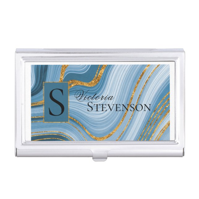 Blue Gold Glitter Marble Monogram Elegant Abstract Business Card Case (Front)