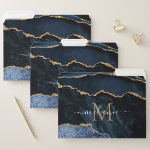 Blue Gold Glitter Marble Monogram Name File Folder