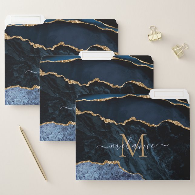 Blue Gold Glitter Marble Monogram Name File Folder (Set)