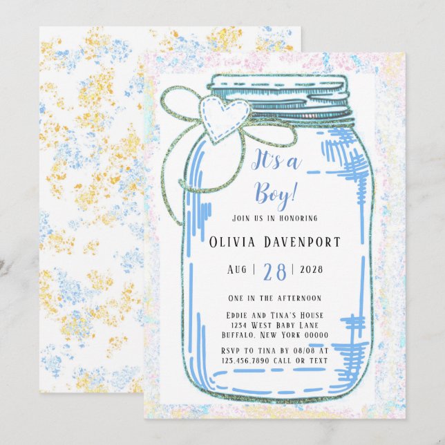 Blue Gold Glitter Mason Jar Boy Baby Shower Invitation (Front/Back)