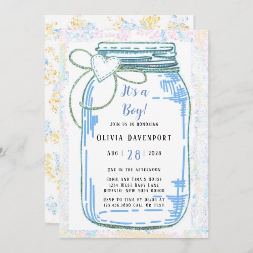 Blue Gold Glitter Mason Jar Boy Baby Shower Invitation