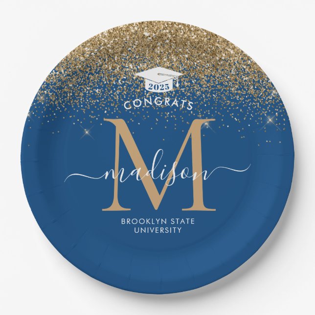 Blue Gold Glitter Monogram Grad Graduation Party Paper Plates (Front)