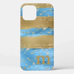 Blue Gold Glitter Monogram Initial iPhone 12 Case