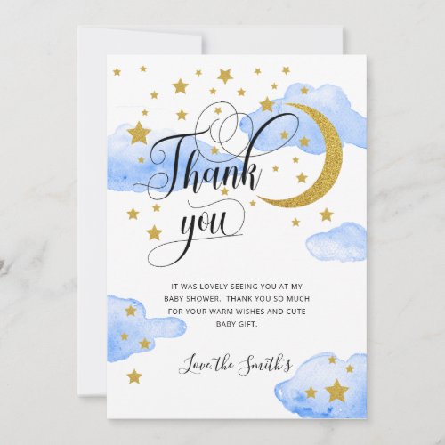 Blue Gold Glitter Moon Baby Shower Thank You Card